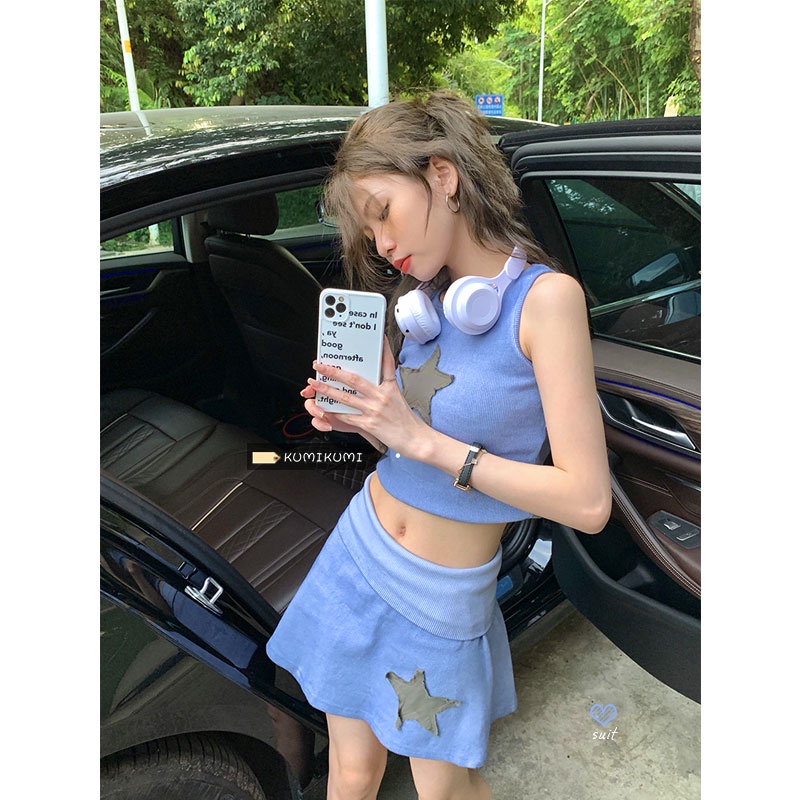 Red Kumikumi hot girl suit perempuan bintang berujung lima tanpa lengan rompi pendek musim panas pinggang tinggi setengah panjang rok pendek two-piece set