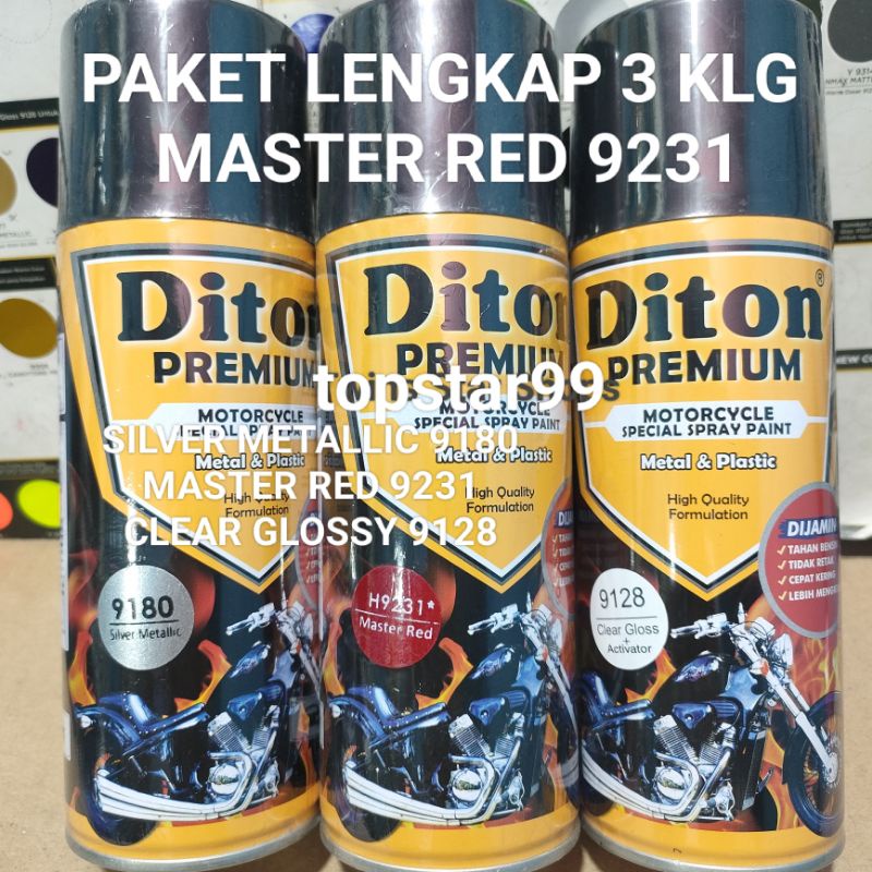 Diton Premium Paket Lengkap 3 Kaleng 400cc Merah Tua Master Red 9231 Silver Metalic 9180 Clear Glossy 9128 Pilox Pilok Cat Semprot Spray Paint