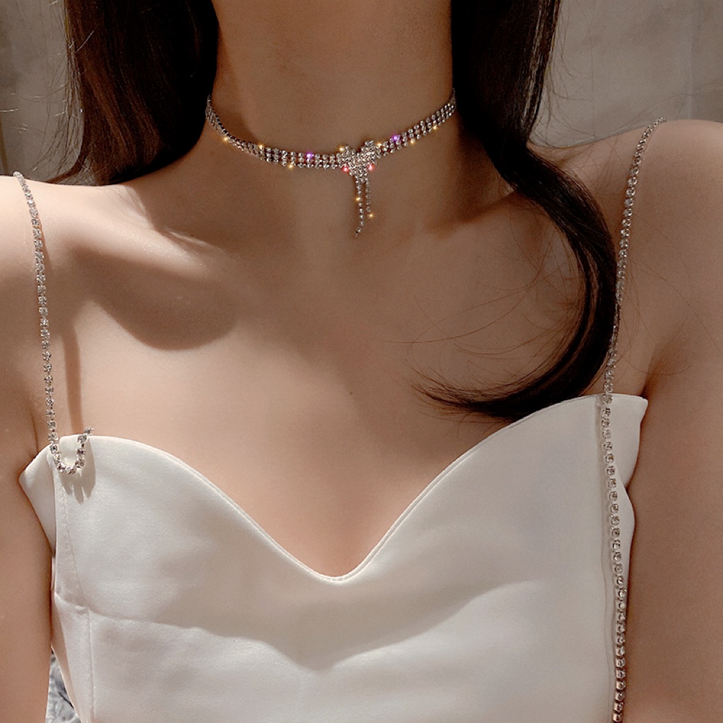YEEZII Fashion Hati Jumbai Kalung Rantai Klavikula Kristal Perak Choker Untuk Aksesoris Perhiasan Wanita