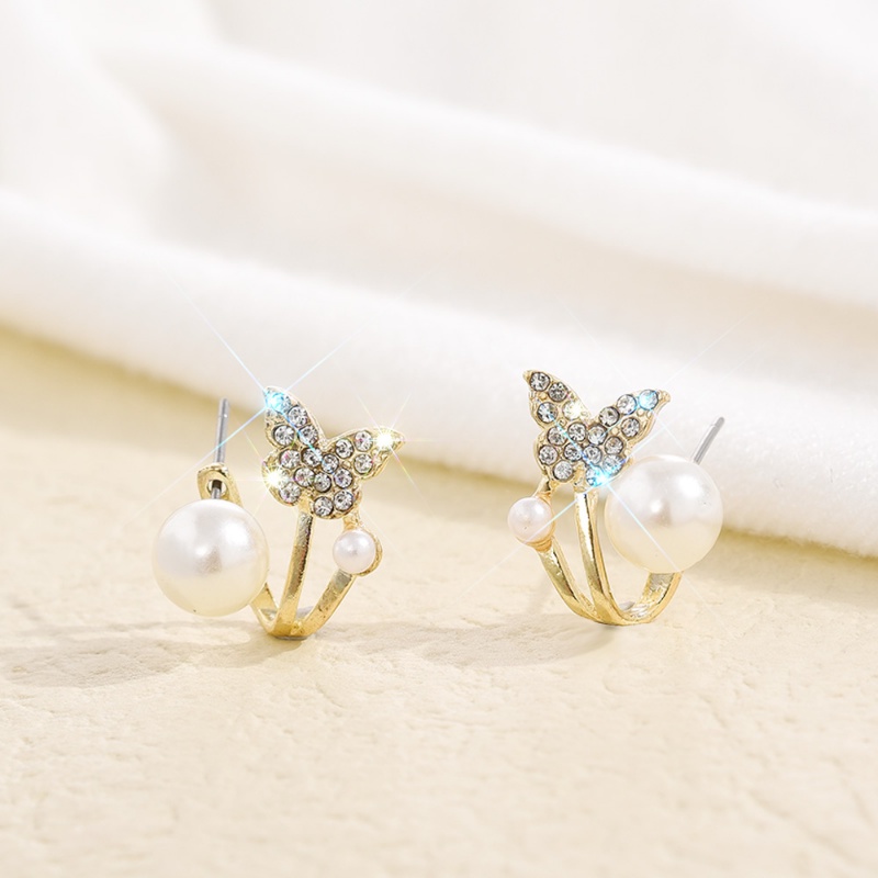 1pasang Korea Zirkon Indah Kupu-Kupu Telinga Studs/Wanita Ganda Simulasi Mutiara Anting Perhiasan Aksesoris