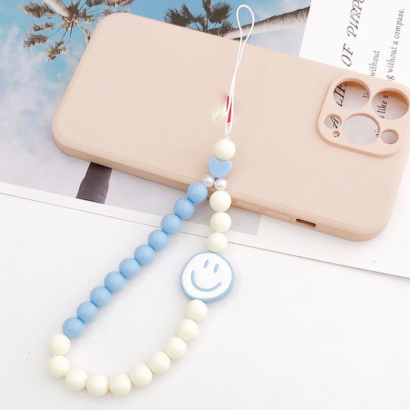 Smile Face 8warna Kontras Rantai Manik-Manik Akrilik Bulat Universal Tali Anti Hilang Untuk iPhone Android OPPO VIVO Huawei Xiaomi Redmi Samsung