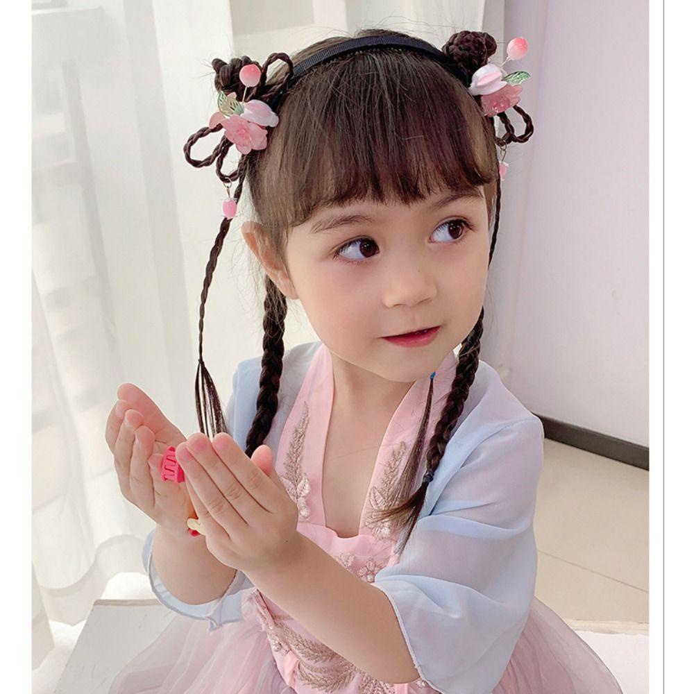 Mxbeauty Anak-Anak Hanfu Bunga Rumbai Bando Sintetis Lucu Manis Tradisional Hiasan Kepala Aksesoris Rambut Hanfu Cosplay Wig Anak Peri Vintage Gaya Cina Rambut