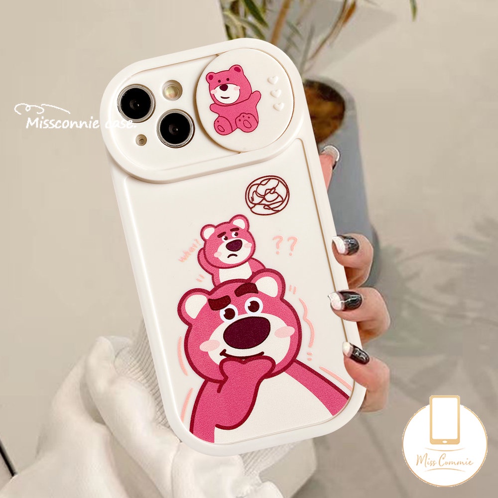 IPHONE Kartun Lucu Strawberry Bear Manyo Case Kompatibel Untuk Iphone11 7Plus XR X13 11 12 Pro Max 8Plus XS Max Push Pull Window Pelindung Lensa Kamera Winnie The Pooh Soft Cover