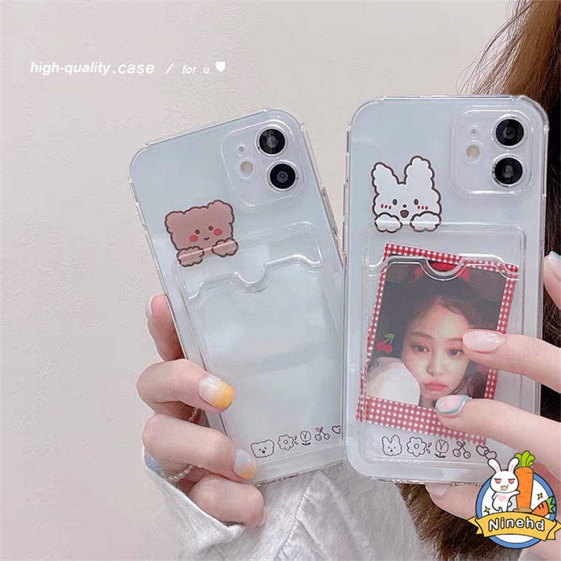 Case Tas Kartu Bening Kompatibel Untuk Iphone14 13 12 11 Pro Max X Xr Xs Max iPhone 8 7 6 6s Plus SE 2020 Ins Kartun Beruang Kelinci Bening Card Holder Silikon Shockproof Soft Phone Case