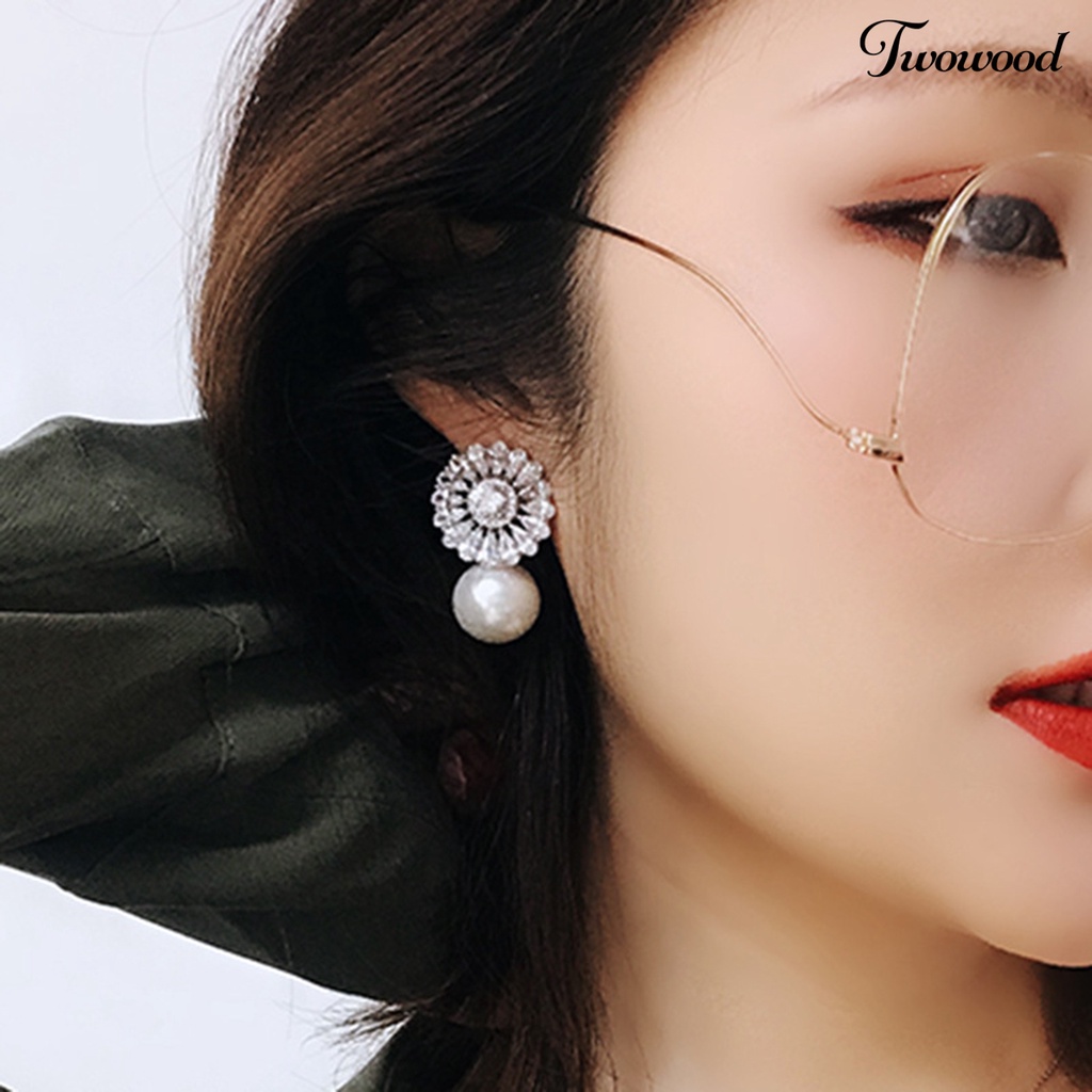 Twowood 1pasang Drop Earrings Cubic Zirconia Shiny Charming Geometric High-end Dekorasi Aksesori Baroque Bunga Imitasi Mutiara Anting Perhiasan Pertunangan