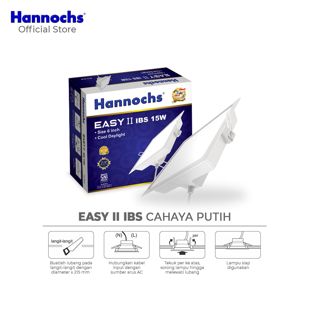 Hannochs Easy II IBS Downlight Lampu LED Kotak 3-5-7-9-12-15-20 Watt Cool Daylight Putih BONUS Terminal Jepit