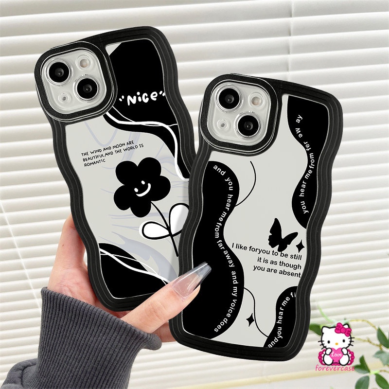 Oppo A15 A57 A5s A52 A17 A96 A74 A77 A7 A12 A95 A16s A9 A55 A54 A76 A16 A1k A53 A16K A77s A3s A17K A5 Reno 8 7 8Z 6retro Black Flower Vintage Kupu Wavy Edge Soft Tpu Sarung