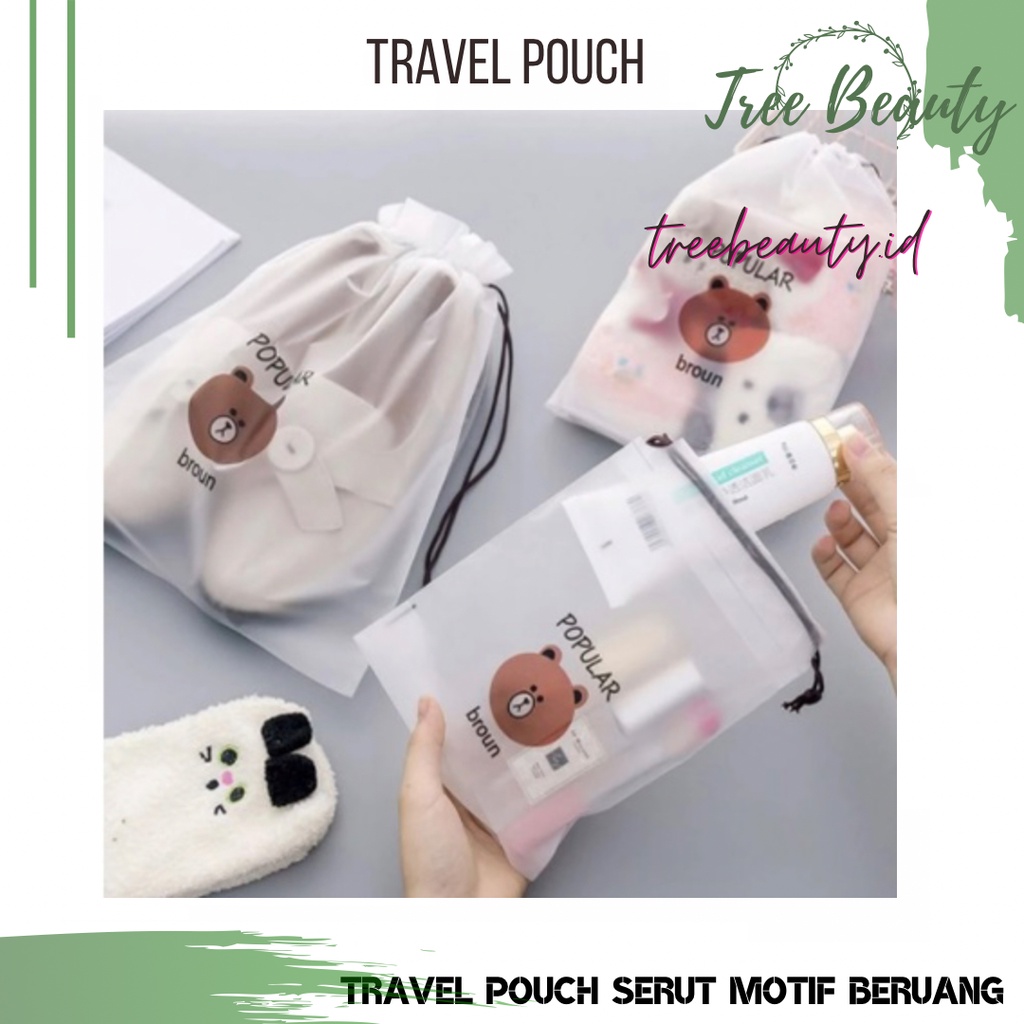 Travel Pouch Serut Motif Beruang Lucu Travel Pouch Organizer Transparan Serbaguna