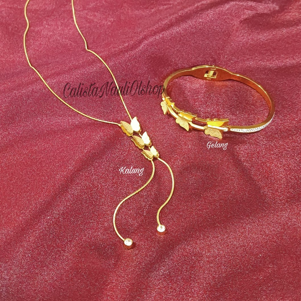 Set Kalung+Gelang Titanium Kupu Kupu Jurai Zircon Fashion Anti Karat Dan Anti Luntur