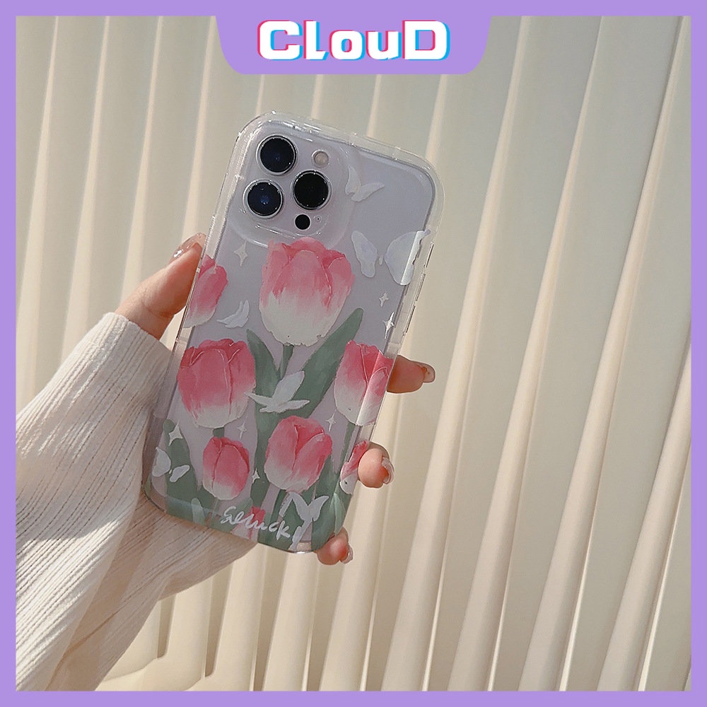 IPHONE Fashion Butterfly Clear Case Kompatibel Untuk Iphone11 7 8 6s 6 Plus XR 14 11 13 12 Pro Max X XS Max SE 2020 Fresh Spring Flowers Tulips Airbag Shockproof Soft TPU Back Cover