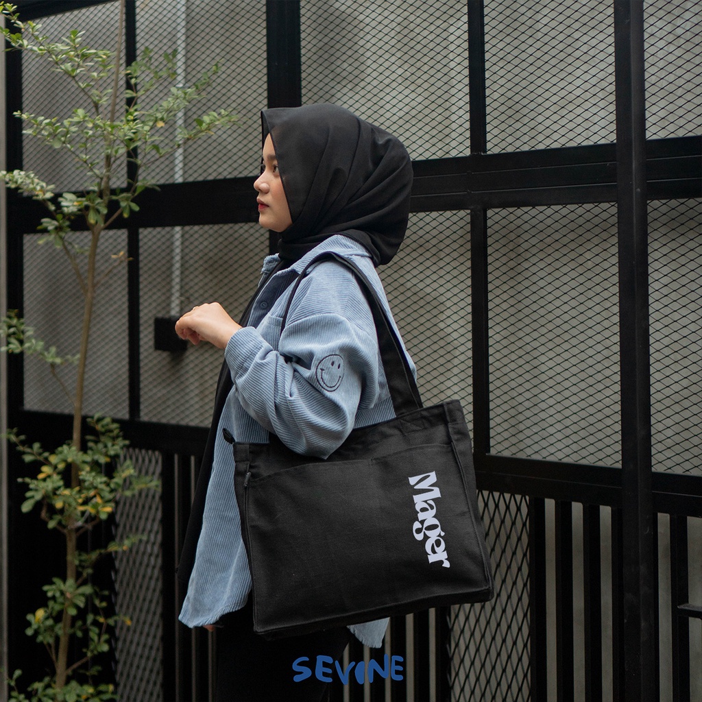 Sevine Totebag Kanvas Rebecca Tas Wanita Tote Bag Kuliah Sekolah Sekat Botol Laptop Hitam Elegan Aesthetic - BD