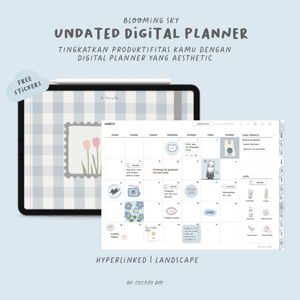 Undated Blue Digital Planner untuk iPad/Tablet Digital Bujo Bullet Journal Notebook Cute Minimalist Planner Digital Stickers - Blooming Sky