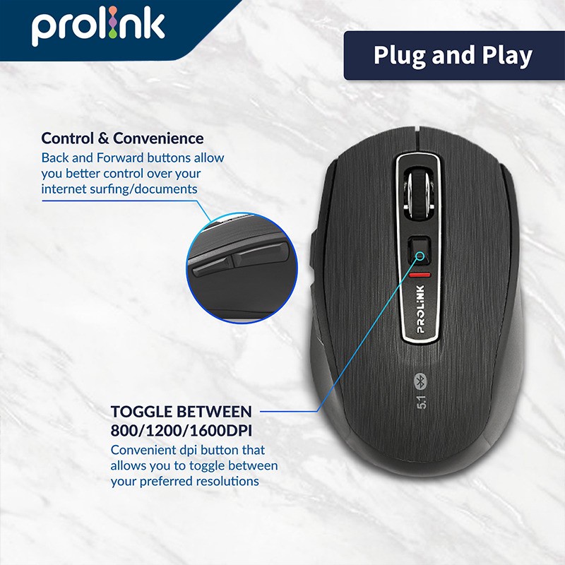 Prolink Mouse Wireless Bluetooth 5.1 BT 6 button DPI 800-1600 PMB8502