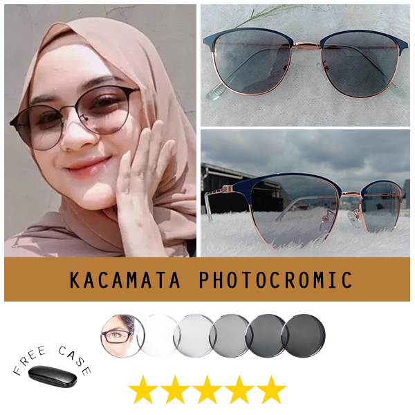 [ Termurah ] - Kacamata Photocromic Berubah Warna Kekinian Wanita dan Pria Kacamata Potocromic Bingkai Clubmaster Besi Unisex FREECASE