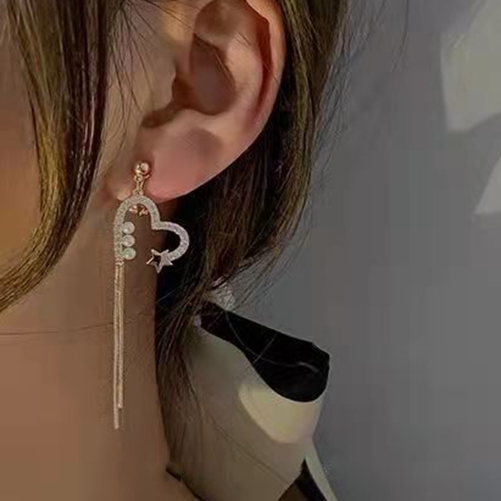 Anting Rumbai Hati Hollow Anting Tetes Emas Kristal Mutiara Elegan Untuk Aksesoris Perhiasan Wanita