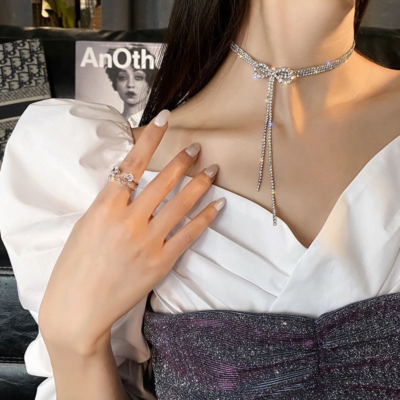 Kalung Choker Silver Zircon Mewah Elegant Bow Tassel Necklaces Untuk Aksesoris Perhiasan Wanita