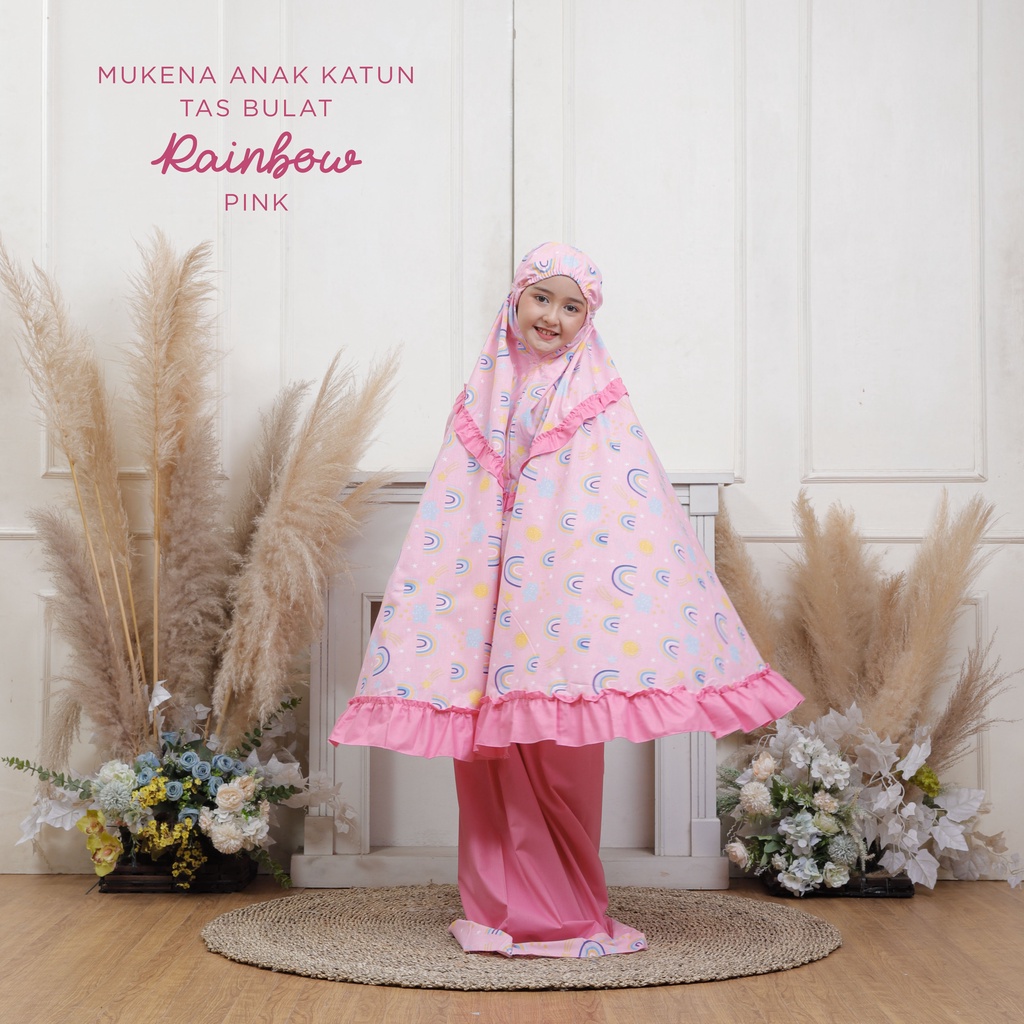 MUKENA BALI TASIK - MUKENA ANAK KATUN MOTIF RAINBOW PINK (TAS BULAT)