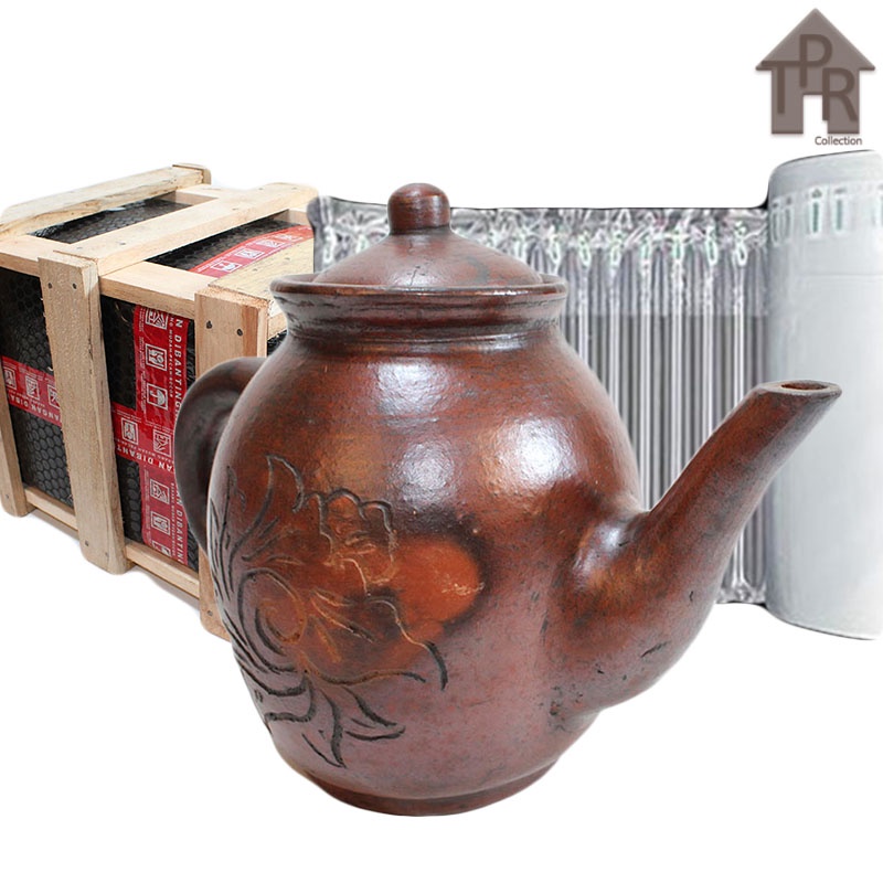 Gerabah - Poci Tanah Liat Ukir Kembung Antik / Tea Pot 1.8L + Krat Kayu