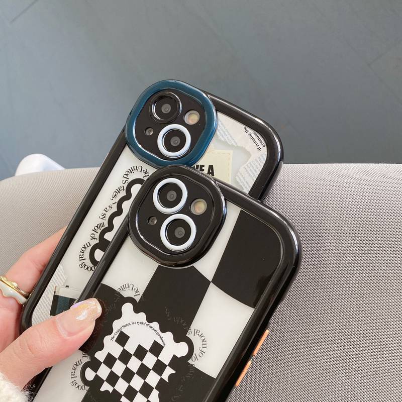 1PC Black Puff Case IPhone 11 12 13 14 Pro Max Soft Phone Case Check/lattice Casing