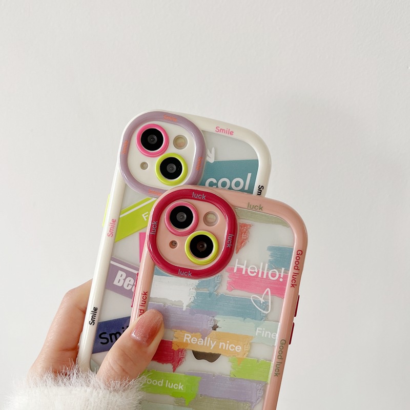 English Label Puff Case iPhone 11 12 13 14 Pro Max 14 Plus Women's Cute Pink White Good Luck Friends Gifts Soft Casing Cover