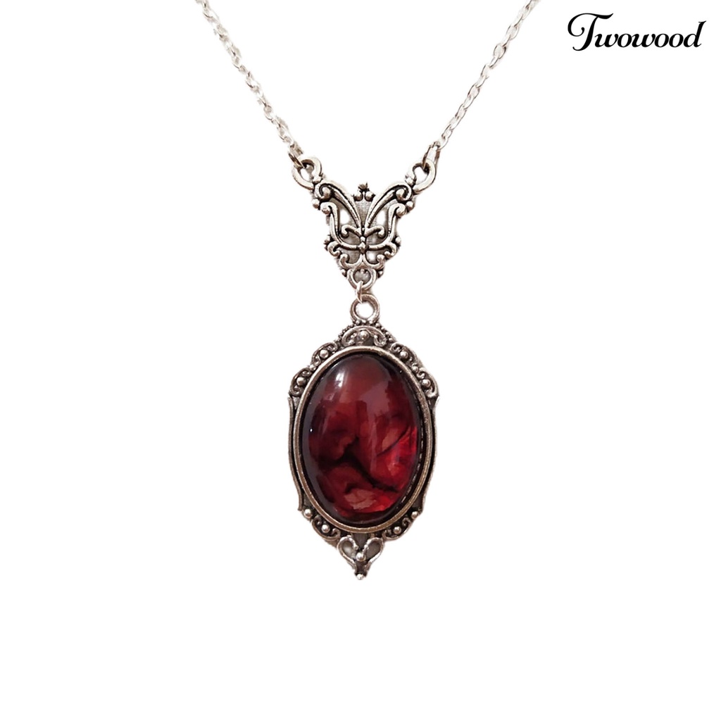 Twowood Liontin Kalung Elegan Oval Desain Vintage Indah Merah Kuarsa Pesona Kalung Kupu-Kupu Kalung Pakaian Sehari-Hari