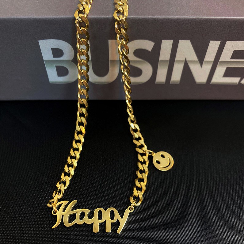 Kalung 18k Titanium Steel Desain Tulisan HAPPY Smile Face Gaya Hip Hop Korea Jepang