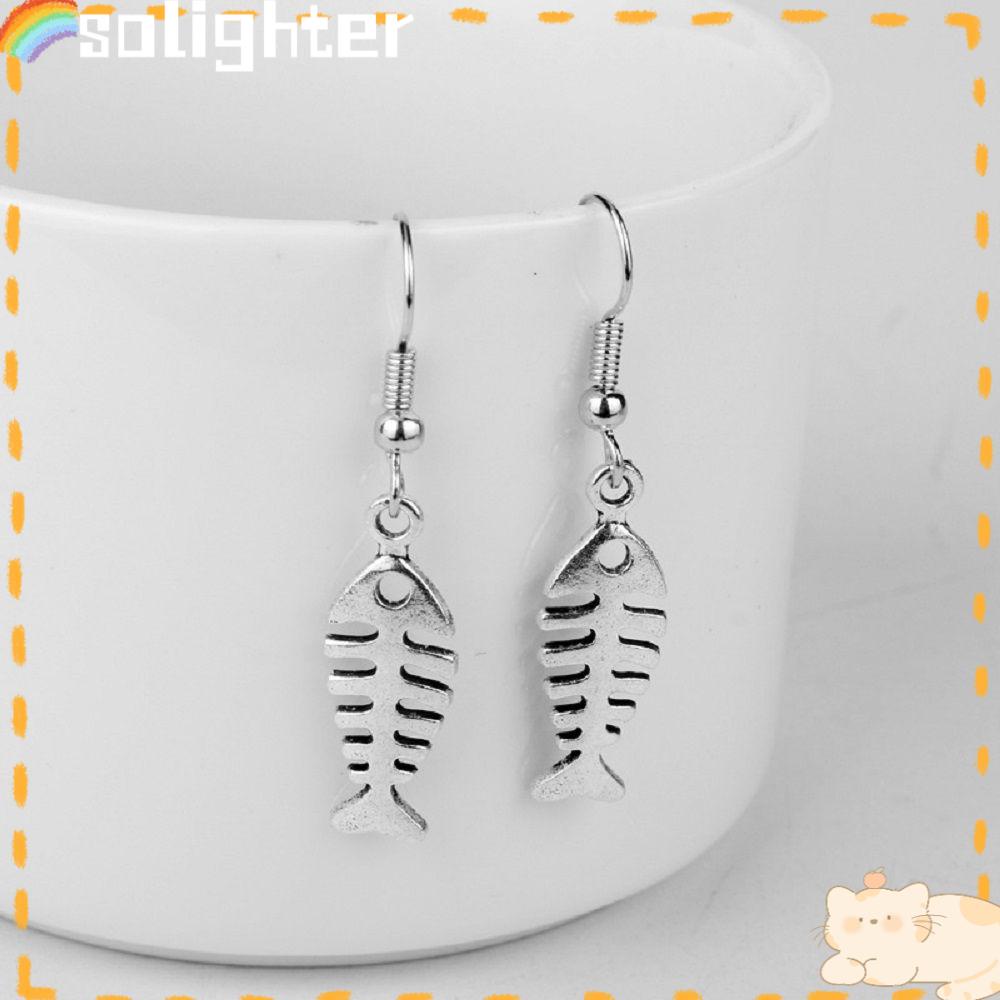Solighter 1pasang Ikan Tulang Terkait Anting Menjuntai Anting Ikan Liontin Aksesoris Perhiasan Alloy Stainless Steel