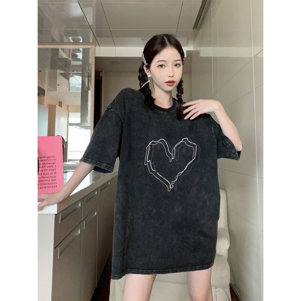 XIAOZHAINV Korean Style Heart Pattern Washed Printing Kaos Wanita