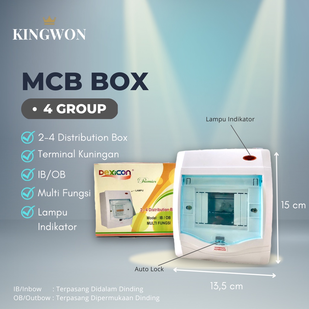 BOX MCB 4 GROUP INBOW OUTBOW 2-4 DISTRIBUTION BOX/KOTAK MCB/TEMPAT MCB TERMINAL KUNINGAN LAMPU INDIKATOR DEXICON