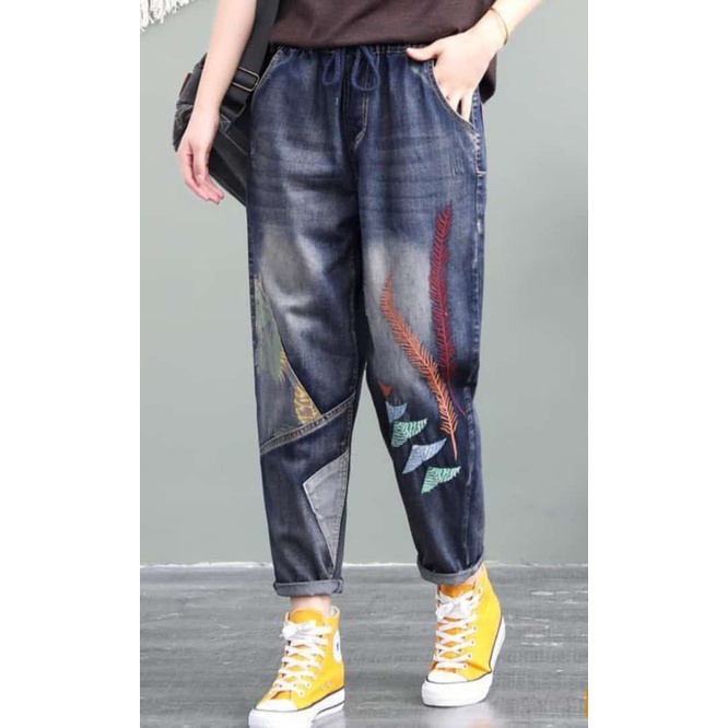 SLORA ETNIC AESTETIC Pants Celana Jeans Pinggang Karet Melar Aksen Bordir