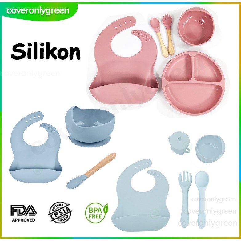 3Pcs/Set Alat pemberian makanan tambahan Alat Tempat Mangkuk Makan Silicon Anak Celemek Makan Bayi Bibs makan mpasi bayi Waterproof Bpa Free