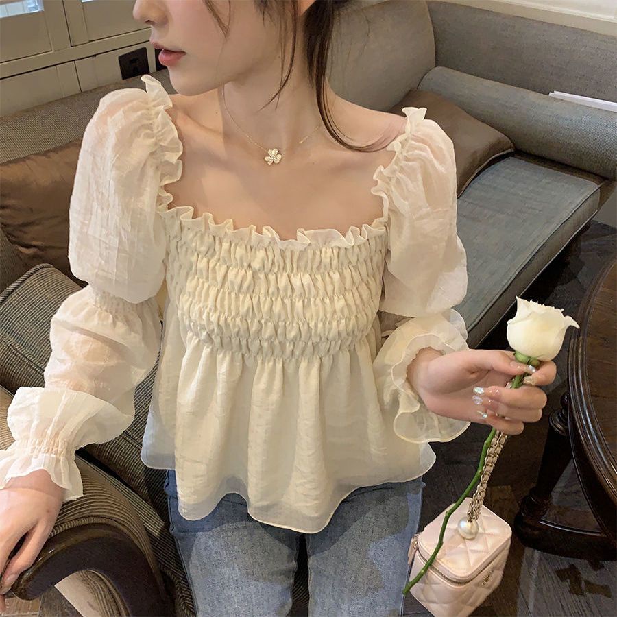 Red Satu bahu tipis dan manis kemeja sifon pengurangan usia wanita kemeja boneka eksplosif 2022 musim semi dan musim panas baru yang chic kemeja kecil peri super