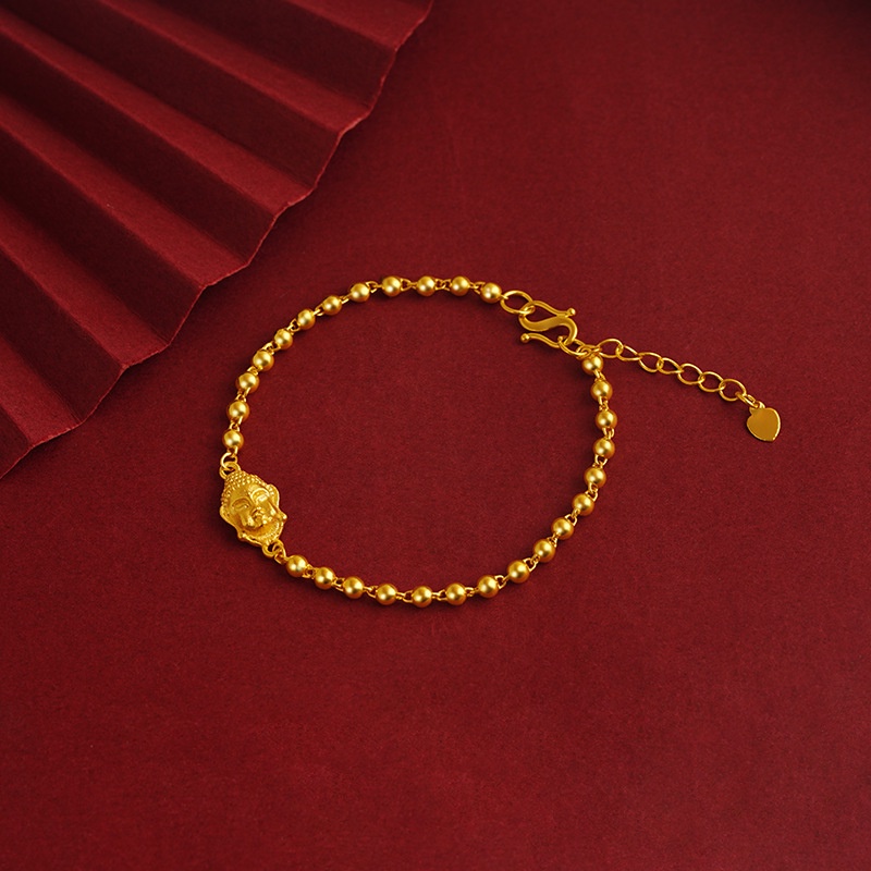 Goldkingdom Fashion Perhiasan 24 K Bangkok Aksesoris Ready Stock Baru Berlapis Emas Gelang Kepala Buddha Melubangi Fu Karakter Model Perempuan Retro Manik Rantai Penyesuaian