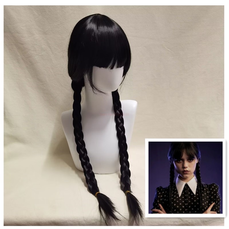 Film Rabu Addams Cosplay Wig Addams Keluarga Cosplay Gadis Wig Panjang Kepang Hitam Tahan Rambut Wig Sintetis