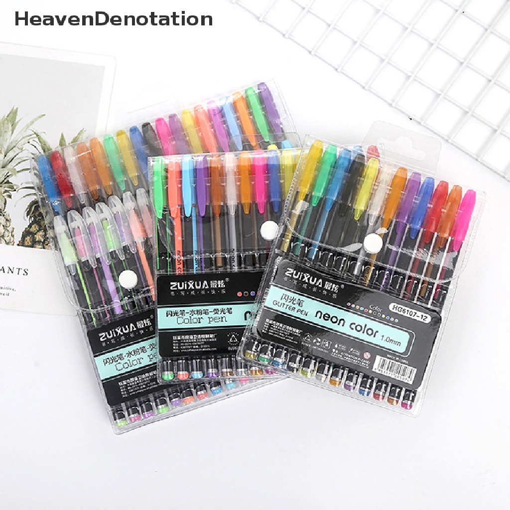 [HeavenDenotation] 12 /18 /24 /36/48Pcs Warna Glitter Sketsa Gambar Color Pen Marker Gel Pen Set Isi Ulang Rollerball Pastel Penanda Neon Alat Tulis Kantor Sekolah HDV