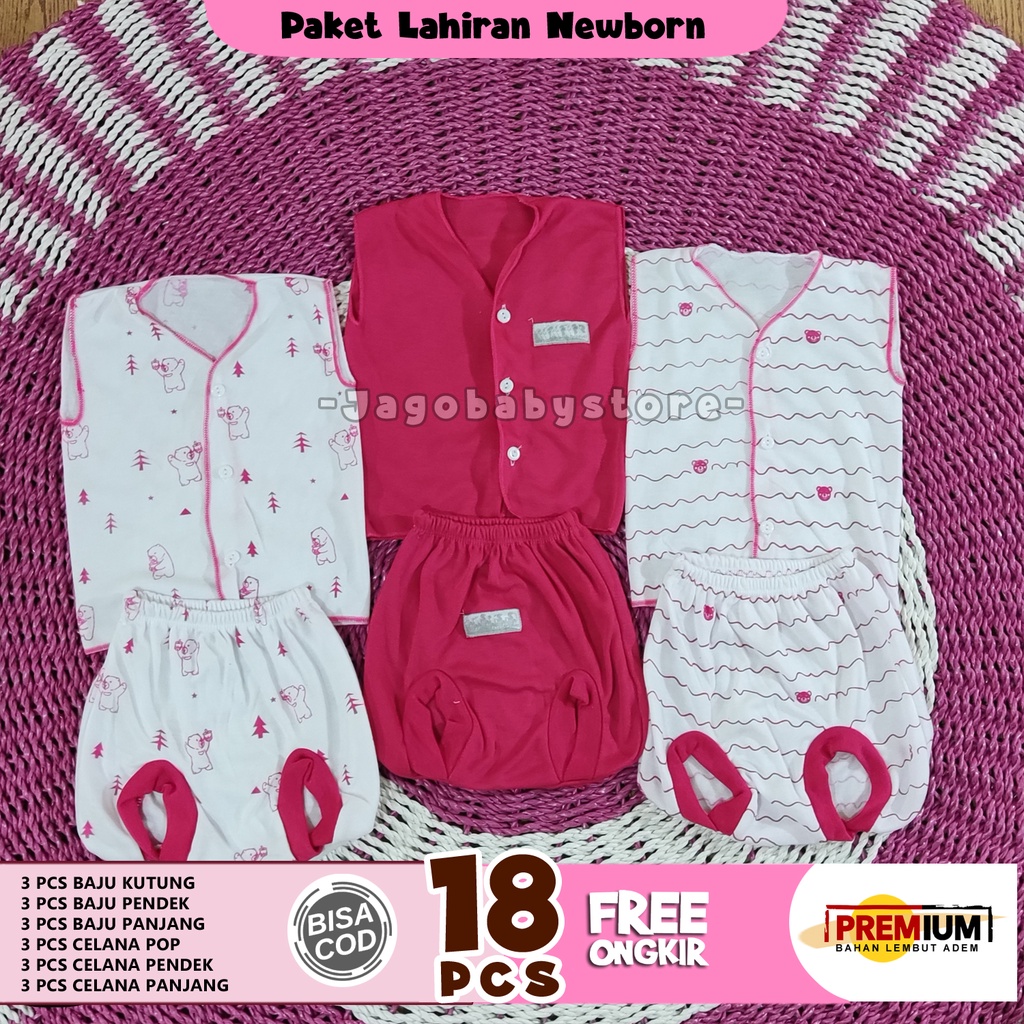 18 Pcs Setelan Celana Baju Bayi Newborn paket lahiran warna pink motif cewek