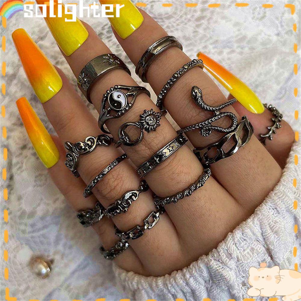 Solighter 16Pcs/Set Cincin Set Jari Perhiasan Fashion Rock Punk Gothic Vintage Aksesoris Tangan