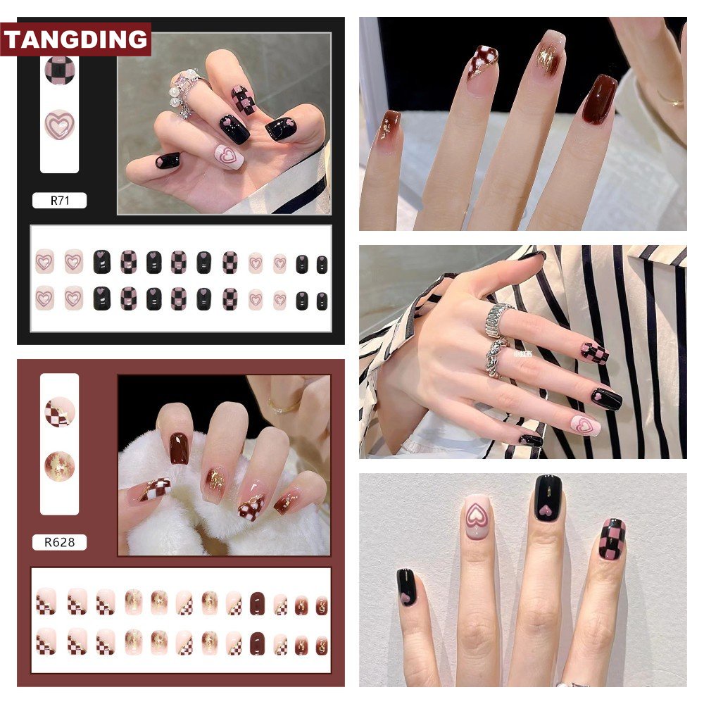 [COD Tangding] 24pcs Jantung Kuku Palsu Dilepas Wanita Perempuan Removable Panjang Nail Patch Dekorasi