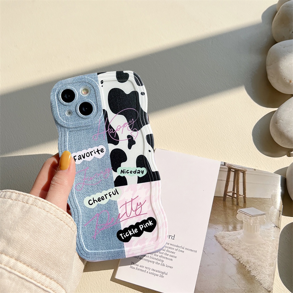 Fashion Case OPPO A17k A17 A77S A57 A16 A16K A16E A55 A95 A96 A94 A76 A12 A5s A15 A54 A7 A53 A3s A31 A52 A92 F9 F11 Reno5 Wavy Edge Denim Patch Happy Leopard Print Soft Couple Case