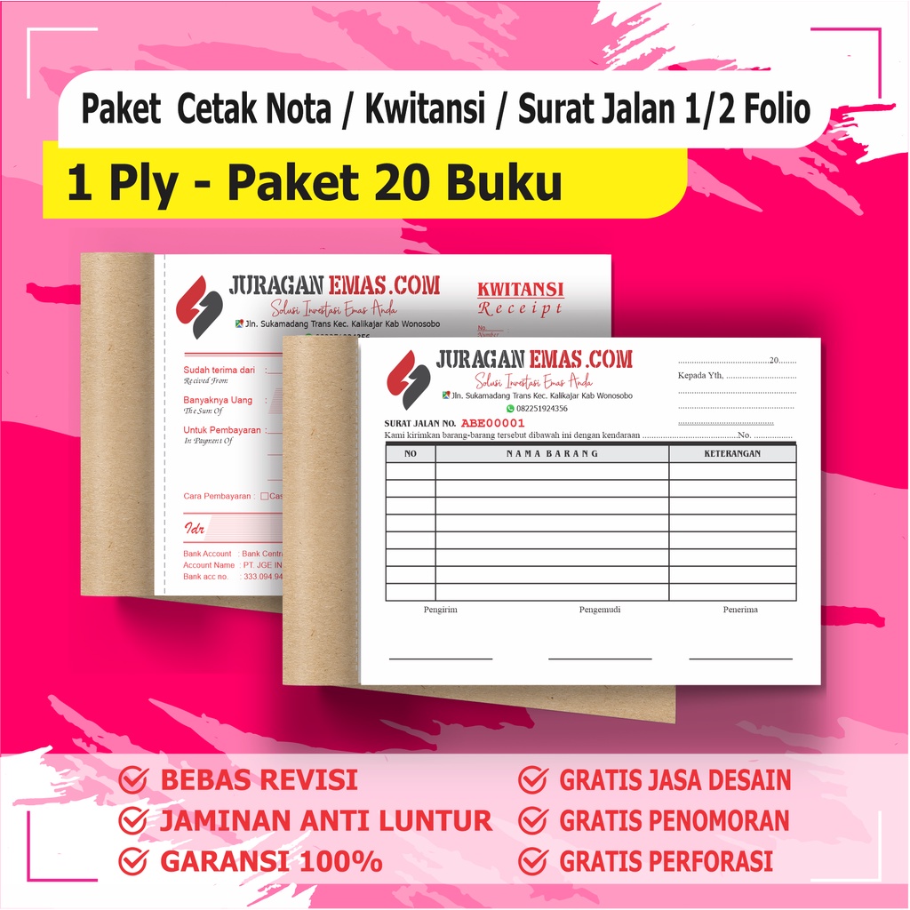 

cetak Nota custom 1 ply / Paket 20 buku 1 Rangkap ( 1 RIM ) nota custom surat jalan custom BEBAS DESAIN