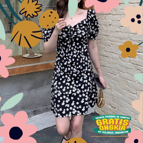 Dress V-Neck Midi Korea Model Sabrina | Dress A Line Print Daisy Lengan Puff / formal santai