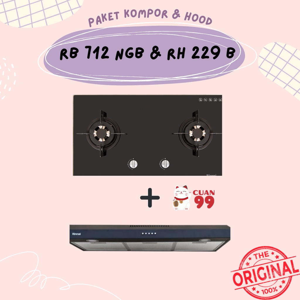 PAKET KOMPOR TANAM RINNAI RB 712 NGB &amp; COOKER HOOD RH 229 B (90CM)