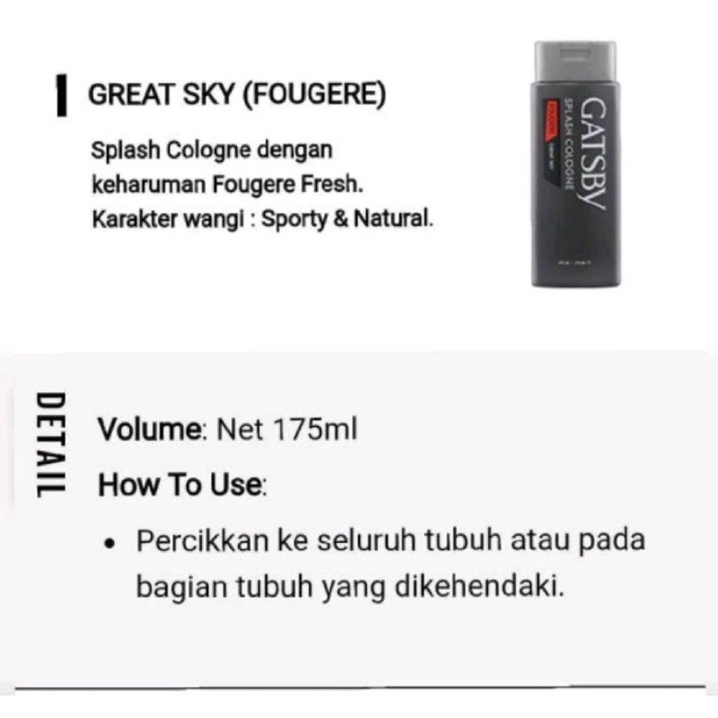 GATSBY COLOGNE 175ML / GATSBY MINYAK WANGI / PARFUM PRIA GATSBY 175ML