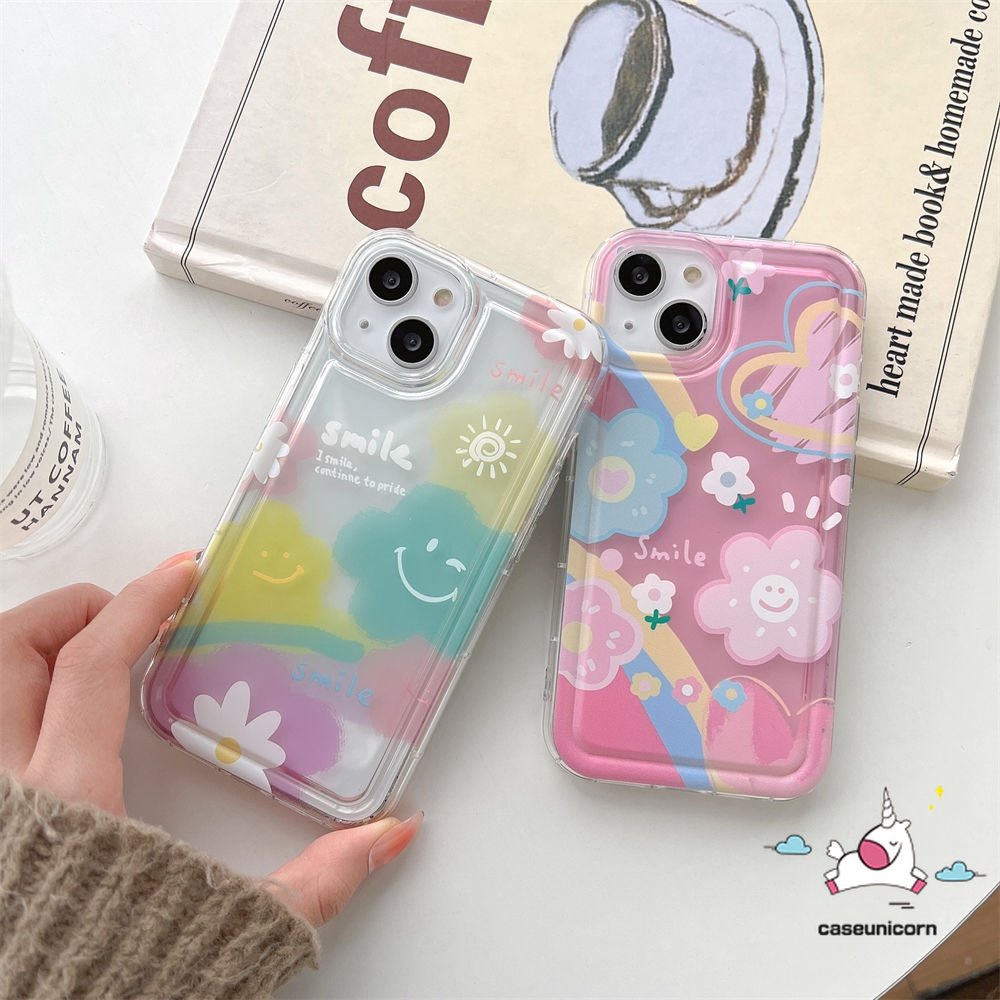 Compatible For iPhone 11 14 13 12 Pro Max 7 8 6 6S Plus XR X XS MAX Ins Korea Lucu Senyum Segar Cat Air Bunga Awan Cinta Hati Lembut TPU Penutup Belakang Shockproof Airbag Case