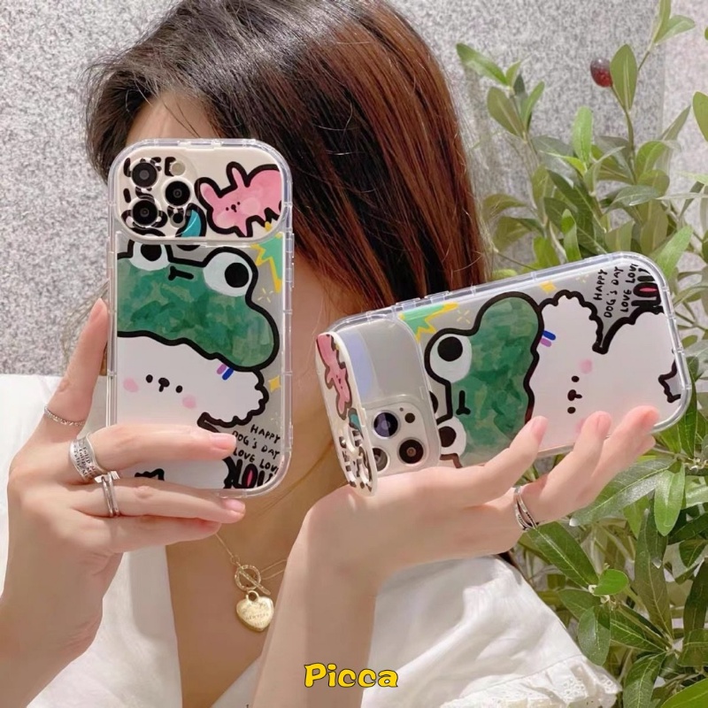 Flip Kreatif Make Up Mirror Case Kompatibel Untuk IPhone 11 Pro Max XR 7Plus 8 7 Plus X 13 11 12 14 Pro Max XS Max SE 2020 Graffiti Kartun Hewan Kelinci Lucu Kodok Anjing Soft Cover