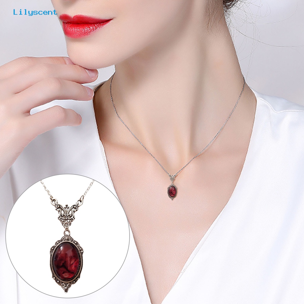 [LS] Liontin Kalung Elegan Oval Desain Vintage Indah Merah Kuarsa Pesona Kalung Kupu-Kupu Kalung Pakaian Sehari-Hari