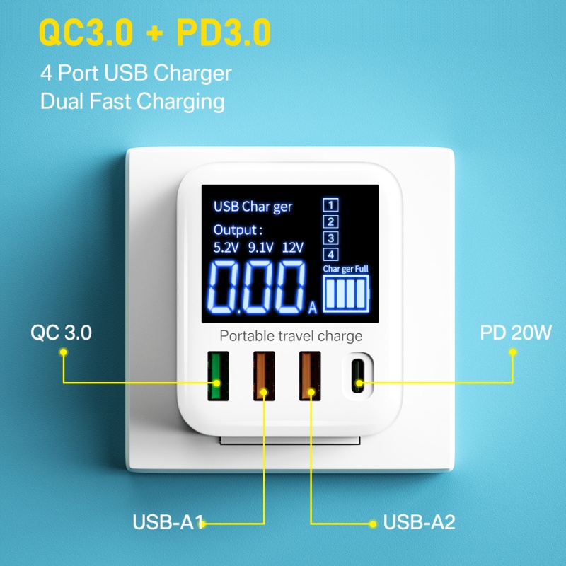 Charger Dinding USB 40W 4port Dengan Display LED QC3.0 PD3.0 USB Fast Charger Untuk IPhone IPAD Huawei Xiaomi Samsung