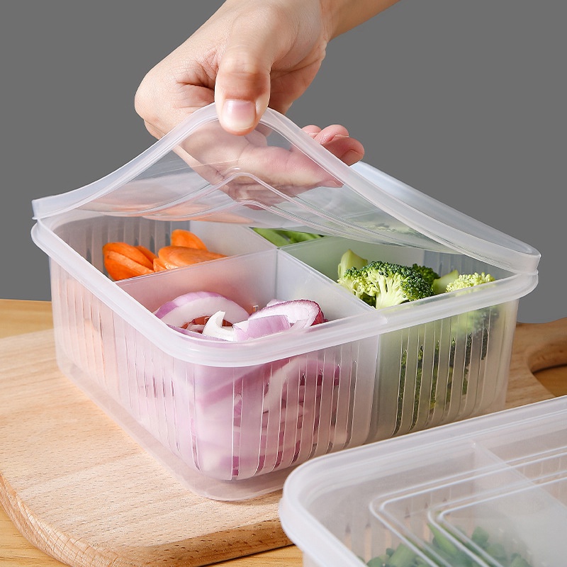 Empat Girds Design Draining Case Buah Sayur Fresh-keeping Box Snack Bumbu Sub-Packed Boxes Sealed Berpendingin Wadah Makanan Alat Penyimpanan Dapur Ramah Lingkungan