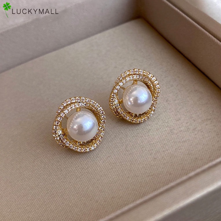 Anting Fashion Kristal Mutiara Anting Lingkaran Zirkon Elegan Untuk Aksesoris Perhiasan Wanita