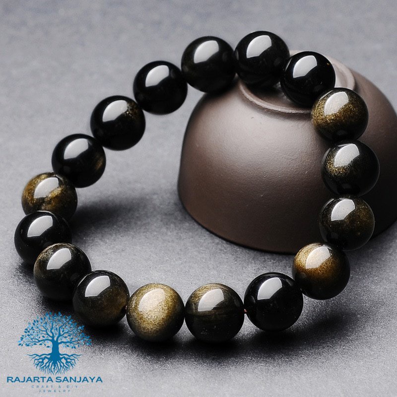 Gelang Batu Obsidian Emas Silver Hitam 12 Mm Batu Alam
